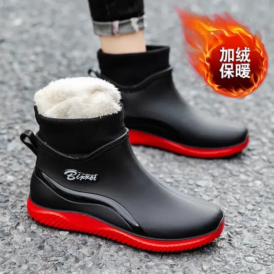 Botas de chuva masculinas, tubo curto, lã fixa, lã, quente, antiderrapante, à prova d'água, britânica, cano baixo, cozin