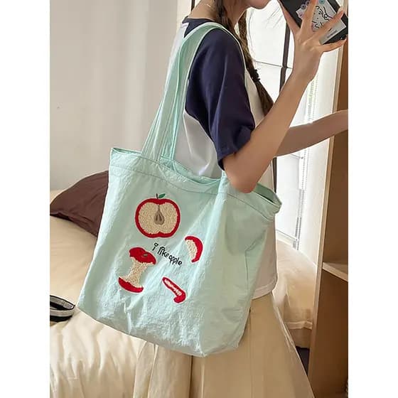 Verão estilo preguiçoso bonito dopamina bolsa de lona feminino Macaron bordado náilon pano sacola leve bolsa de ombro