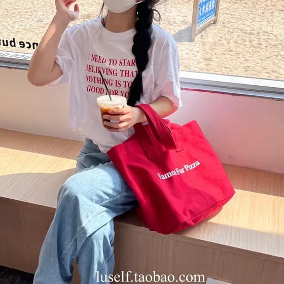 Ins Blogger mesmo estilo 2022 novo estilo impresso bolsa de lona vermelho bolsa de ombro portátil simples saco de compra