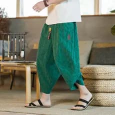 Calças cortadas de linho masculinas casuais soltas calças de cenoura de perna larga mais gordura plus Size estilo chinês