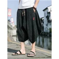 Estilo chinês bordado algodão linho calças cortadas dos homens verão gordo tamanho grande Bloomer calças de linho solto
