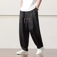 Calças de seda gelo até o tornozelo dos homens verão fino solto-Legging Harem calças estilo chinês calças de tamanho gra