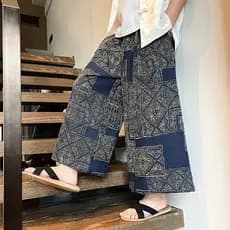 Linho verão masculino impresso Bloomers solto em linha reta tornozelo-perna Harem calças casuais tamanho grande estilo c