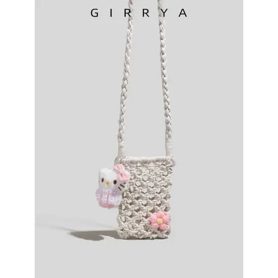 GIRRYA mão-tecido Mini saco do telefone móvel feminino 2026 novo estilo oco flor decoração saco do mensageiro bonito peq