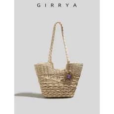 GIRRYA verão praia beira-mar palha saco feminino 2026 novo estilo tecido sacola lazer férias estilo bolsa de ombro