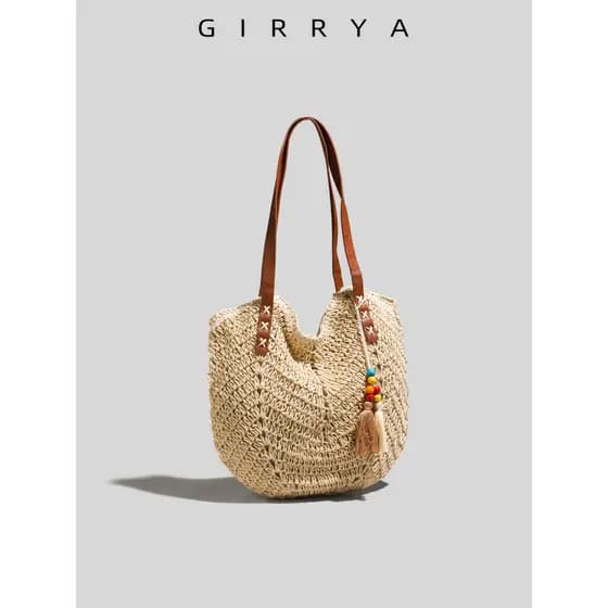 GIRRYA verão Mori estilo palha saco feminino de um ombro tecido praia saco de viagem estilo férias sacola de viagem