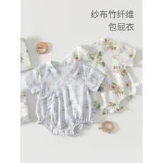 Bebê gaze bodysuit verão manga curta fibra de bambu Diagonal bodysuit amarrado respirável pele-F