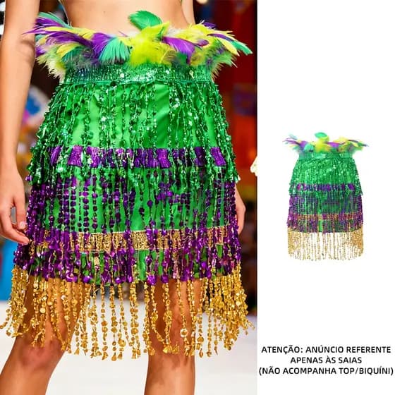 Saia Carnaval Franjas Paetê Com Plumas Brilho Bloquinho Festa Fantasia Dança Samba Premium (APENAS A SAIA)