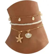 Tornozeleiras Fesciory Shell para Mulheres, Conjunto de Tornozeleiras Boho Banhadas a Ouro com Pérolas, Estrela-do-mar,