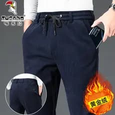 Woodpecker veludo calças masculinas outono inverno forro de lã engrossado calças casuais masculinas soltas em linha reta