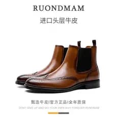 R RUONDMAM Chelsea Botas Masculinas Britânicas Casuais Brogue Sapatos de Couro Esculpido Lã-Velo Quente Couro Genuíno Ma