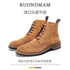 R RUONDMAM Botas Martin de couro genuíno de cano alto masculinas de camurça esculpida à mão couro marrom respirável esti