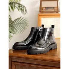 R RUONDMAM Couro Genuíno Brilhante Chelsea Botas Homens Negócios Casual Botas De Couro Com Zíper Britânico Botas Martin