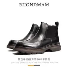 R R RUONDMAM Botas curtas masculinas retrô britânicas de cano alto, sapatos casuais de couro com sola grossa, botas Chel