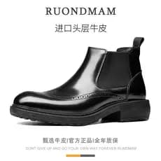 R RUONDMAM Chelsea Botas Masculinas Estilo Britânico Sapatos de Couro de Cano Alto Couro Genuíno Esculpido Casual Outono