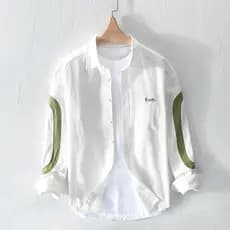 Renben outono puro algodão costura camisa branca masculina de manga comprida jaqueta japonesa Casual solta primavera out