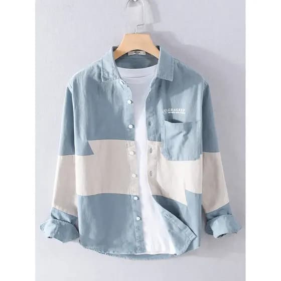 Algodão puro primavera outono camisas masculinas de manga comprida topos costura solta cor correspondência ferramentas j