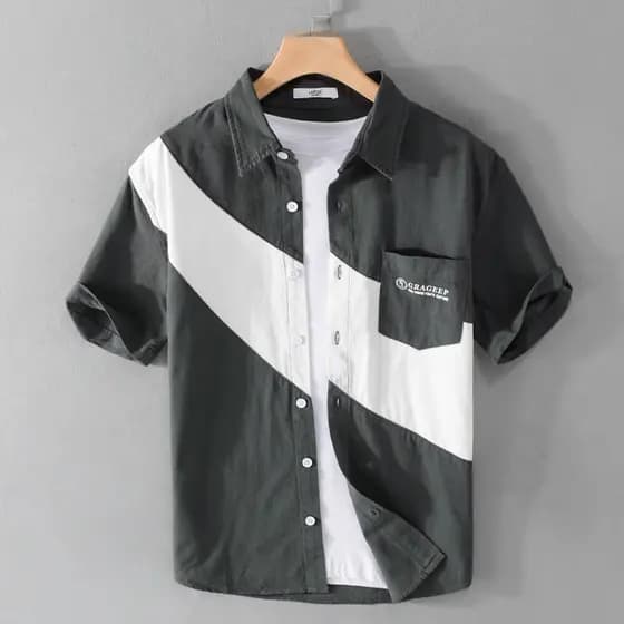 Camisa masculina de manga curta com costura de verão de algodão puro, gola quadrada, camisa Casual solta, cor preta, com