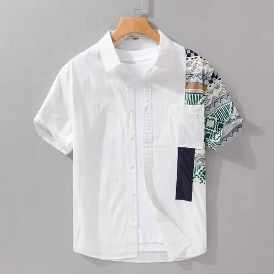 Verão costura camisa de manga curta masculina moda tendência Casual impresso topo cor-bloqueio Design nicho nacional na