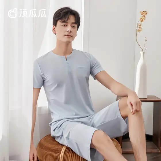 Top guagua topo guagua masculino em torno do pescoço de manga curta pijamas verão novo estilo fino cor sólida pulôver Sh