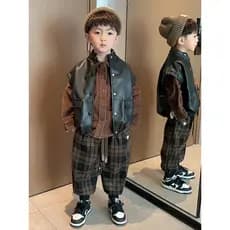 Meninos terno primavera moda colete terno de três peças 2026 novo estilo jaqueta de couro infantil primavera outono roup