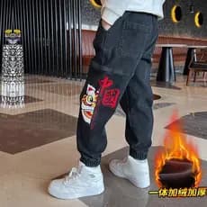 Calças para meninos outono inverno estilo 2025 novo estilo roupas de inverno forro de lã jeans infantil engrossado grand