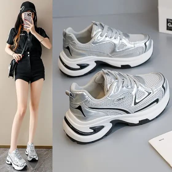 Prata de sola grossa papai sapatos femininos 2026 novo estilo verão respirável sapatos esportivos casuais pequeno aument