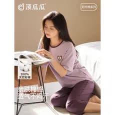 Top Guagua pijamas femininos verão manga curta puro algodão Homewear terno joelheiras calças cortadas quarto com ar cond