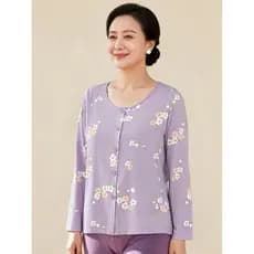 Top solto puro algodão impresso pijamas para idosos e idosos de meia-idade Homewear de uma peça superior Bottoming Lo