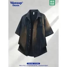 WASSUP DOZEN Retro Tie-Dye Camisa de Manga Curta Verão Fino Lapela Solta Ruffian Bonito Anti-Rugas Camisa Casual