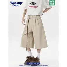 Wassup dúzia americano Retro High-End sentimento enrugado calças cortadas das mulheres dos homens calças de perna larga