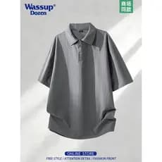 WASSUP DOZEN Camisa polo masculina de seda gelada com textura de verão, manga curta, respirável, solta, Casual, Top masc