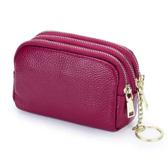 Couro genuíno Mini pequena carteira feminina mudança saco de armazenamento de moedas primeira camada de couro três zíper
