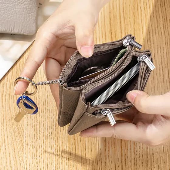 Genuíno couro genuíno senhoras bolsa de moedas três zíper novo estilo primeira camada de couro simples saco de armazenam