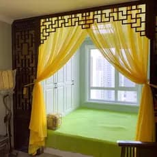 Cortinas douradas Zen festivas montanhas buxo transparente gaze cortinas sala de estar sala jantar varanda amarelo brilh