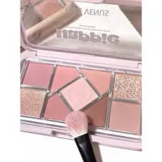 Paleta de sombras de nove cores com moldura rosa pequena, baixa saturação, terra, rosa, azul, pérola, fosco, estudante,