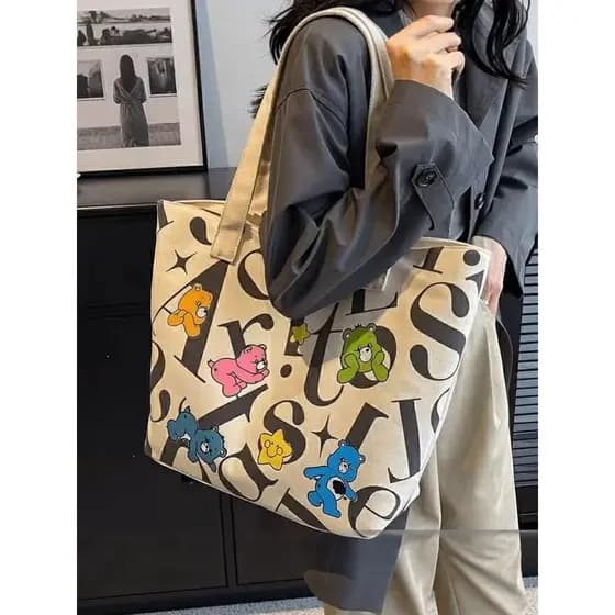 Bolsa de lona de estudante feminina sacola de grande capacidade 2026 novo estilo All-Match impresso saco de mamãe portát
