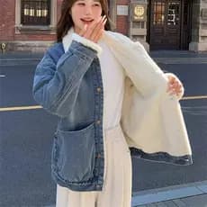Versão coreana moda forro de lã quente Denim acolchoado jaqueta feminina 2026 inverno novo estilo mais magro olhar gross
