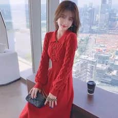 Vestido pequeno ano casaco vermelho jogo outono inverno novo estilo camisola de fundo vestido de comprimento médio tricô
