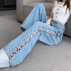 Outono lado oco cor clara Jeans retos feminino cintura alta solto mais magro olhar Design sentir único na moda esfregar