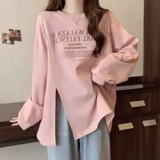 Split manga comprida camiseta moletom feminino primavera outono verão novo estilo solto mais magro olhar tamanho grande