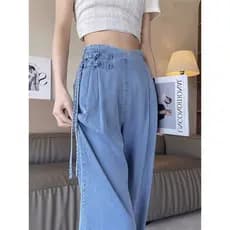 Novo estilo chinês Tencel Jeans de perna larga feminino primavera verão novo estilo moda solta estreita calças de perna