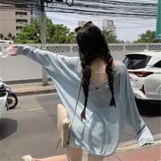 Blusa protetor solar camiseta oco topo estilo fino cruz de seda gelo preguiçoso solto verão manga longa novo Design volt
