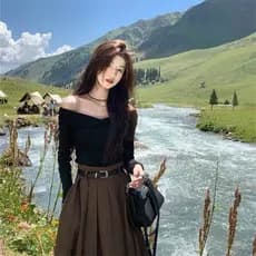 Primavera outono novo estilo moda usar um conjunto completo estilo coreano terno de um ombro superior saia plissada de d