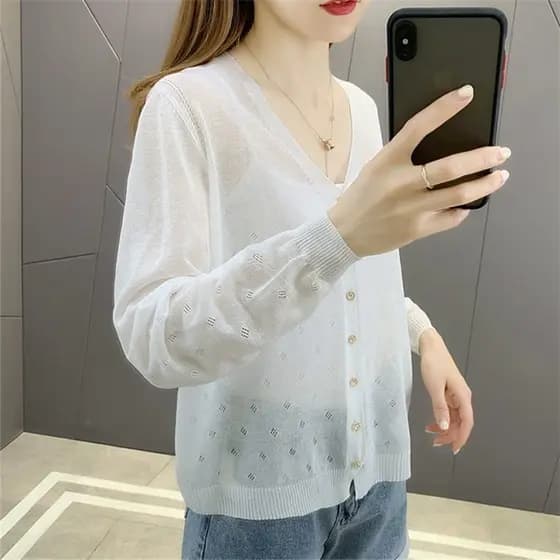 Estilo fino protetor solar roupas camisa de ar condicionado feminino verão novo estilo elegante exterior usar seda gelo