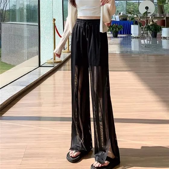 Calças de perna larga de seda gelo mulheres verão calças finas novo estilo solto calças de ar condicionado dividir calça