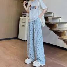 Algodão menina xadrez arco calças de perna larga nicho calças casuais verão solto calças de perna reta andando calças cu