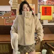 High-End inverno engrossado casaco imitação de pele de vison casaco de pele gola novo estilo feminino duplo Breasted peq