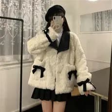 Peludo novo couro do plutônio 2026 jaqueta de lapela feminina quente outono inverno moda All-Match engrossado Bowknot Ch