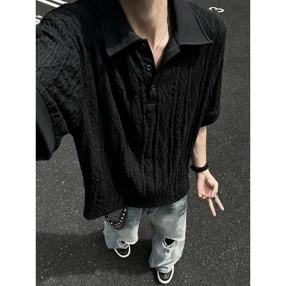 Preto oco respirável de manga curta masculino verão novo estilo textura legal malha camiseta estilo dinheiro antigo cami